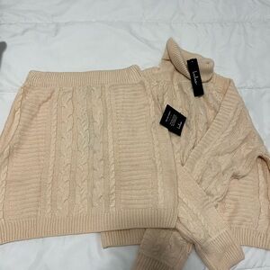 Lulu's Soft Beige Cable Knit Turtleneck Sweater and Skirt